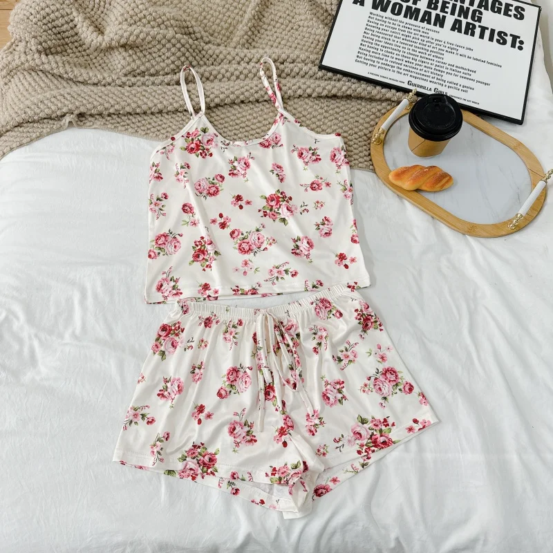 المرأة عارضة بيجامة السيدات مثير ملابس خاصة طباعة جولة الرقبة الحرير الجليد أعلى تي شيرت والسراويل مجموعات تنفس مريحة ملابس المنزل