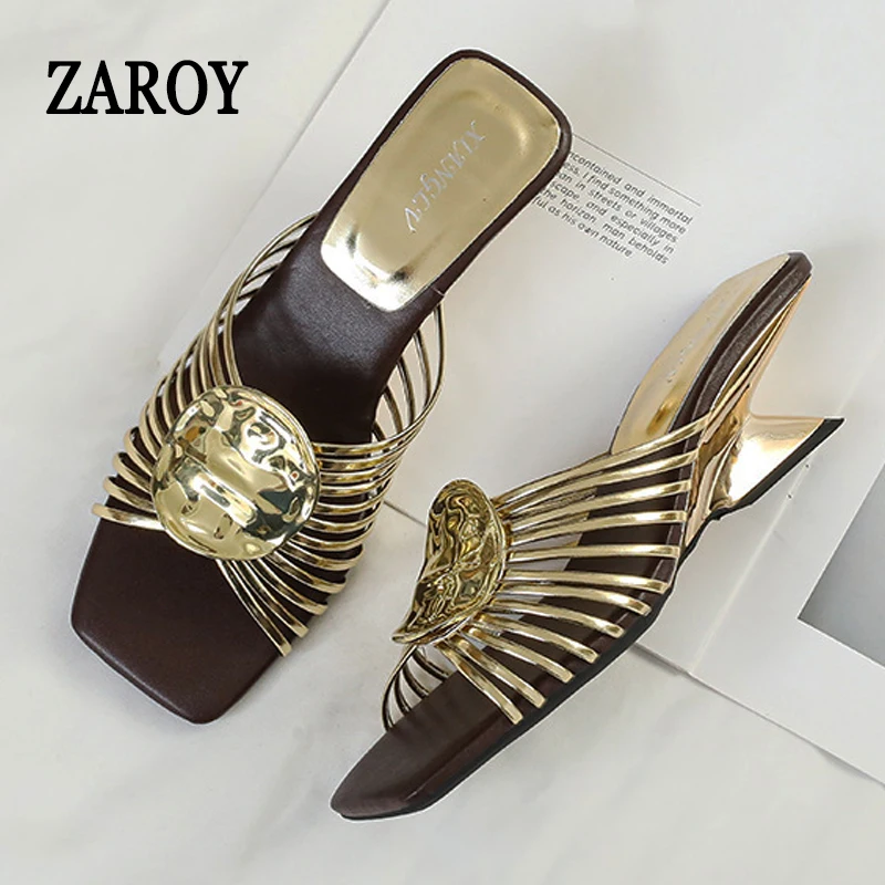 

ZAROY Narrow Band Women Slippers High Heels Mules Metal Decor Slides Summer Open Toe Pumps Brand Designer Party Sandals мюли