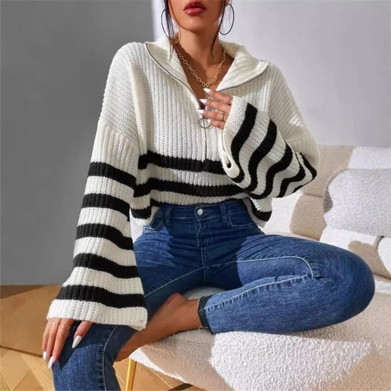 

Loose Sweater Women'S Long Flare Sleeve Striped Zipper Stand Collar Knit 2025 Autumn Winter Thicken Warm Pullover Jumper Vintage