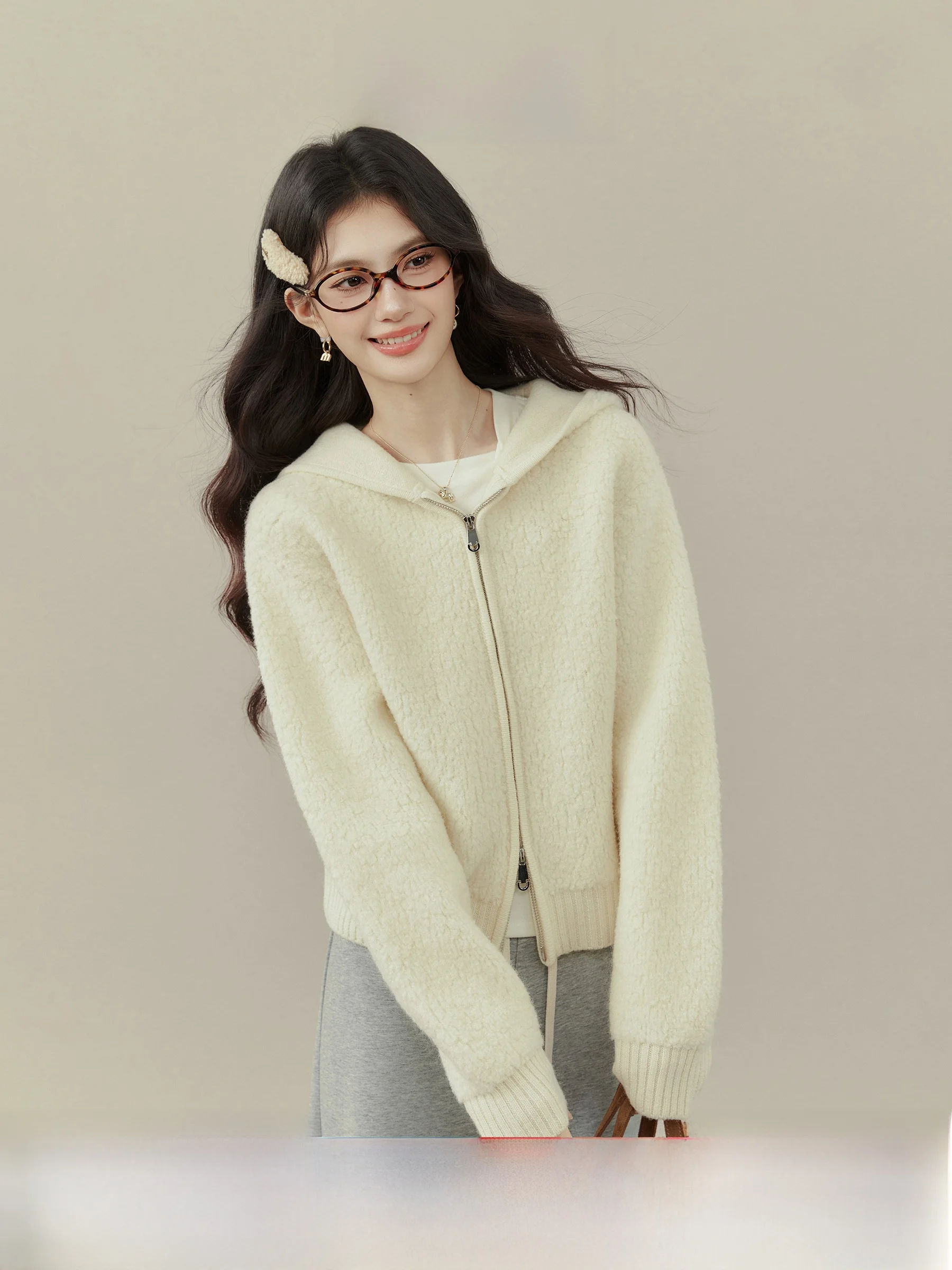

Elegant Thickened Hooded Zipper Sweater Cardigan Women's Autumn Winter Fluffy Soft Casual Style Fashion Outerwear Coat