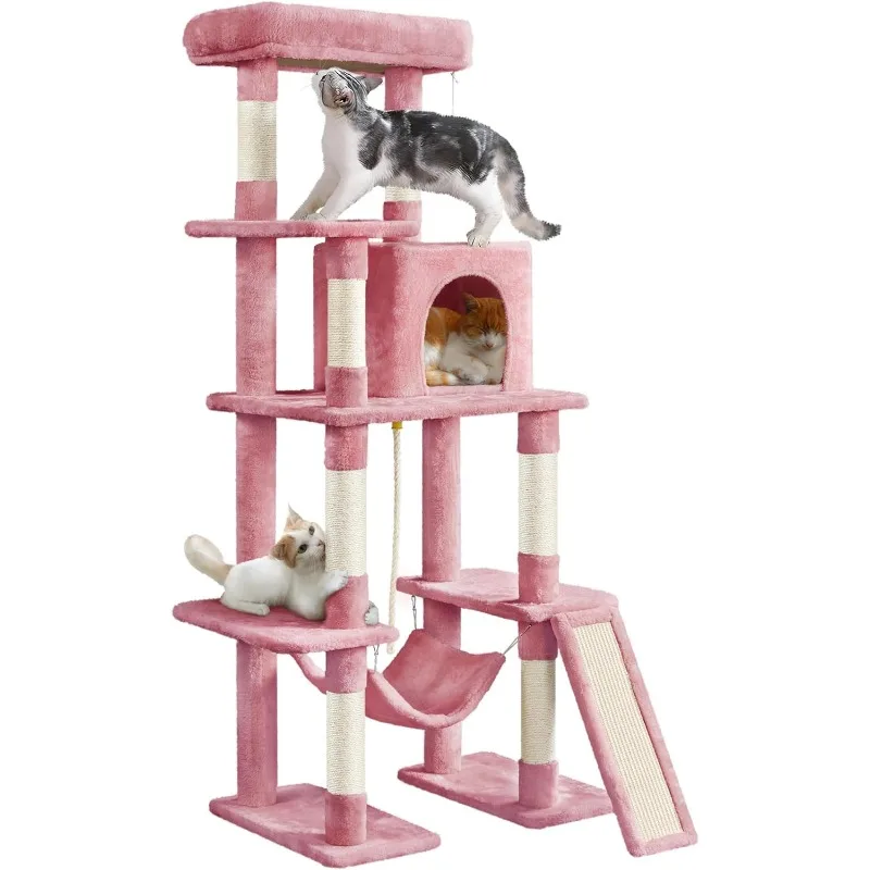 Large Multi-Level Cat Tree, 63 Inches Tall with Sisal-Covered Scratching Posts, Condo, Hammock, Dangling Ball, and Extended