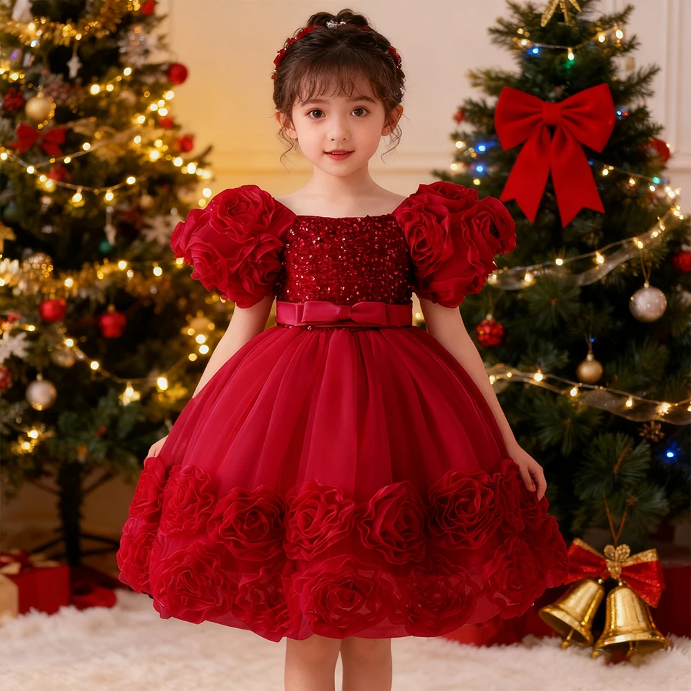

Christmas Costume Children's Red Dress Elegant Girls Party Dresses Flower Wedding Dress Girl Princess Dress Birthday Dress Gown