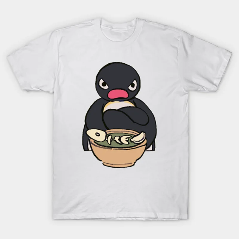 

angery sulking pingu sitting with food bowl meme Gift t shirt for men Funny cartoon Graphic Clothes Y2K clothing Large size tee