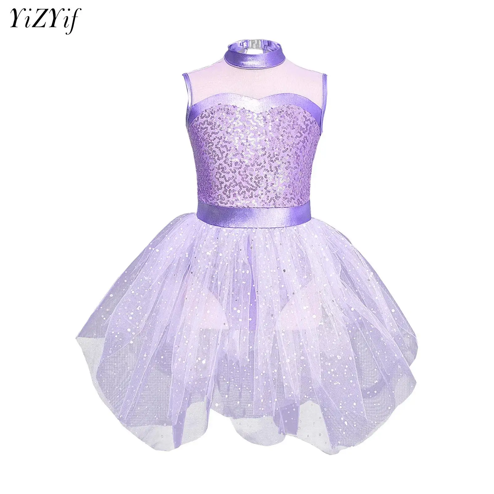 

Kids Girls Lyrical Dance Dress Sleeveless Mock Neck Sequins Figure Skating Ballet Leotard Dress Irregular Tutu Skirt Dancewear