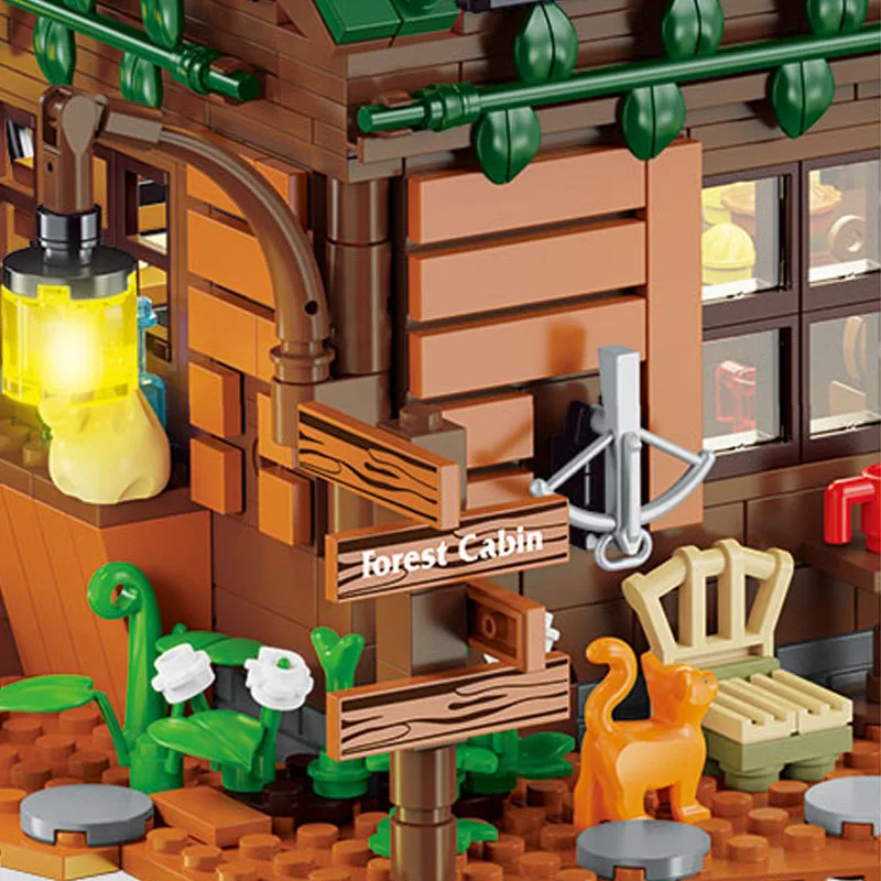 MOC Bos Houten Huis Bouwstenen Cabine Model Bakstenen Stad Street View Kinderen Speelgoed Educatief Meisjes Jongens Verjaardagscadeau