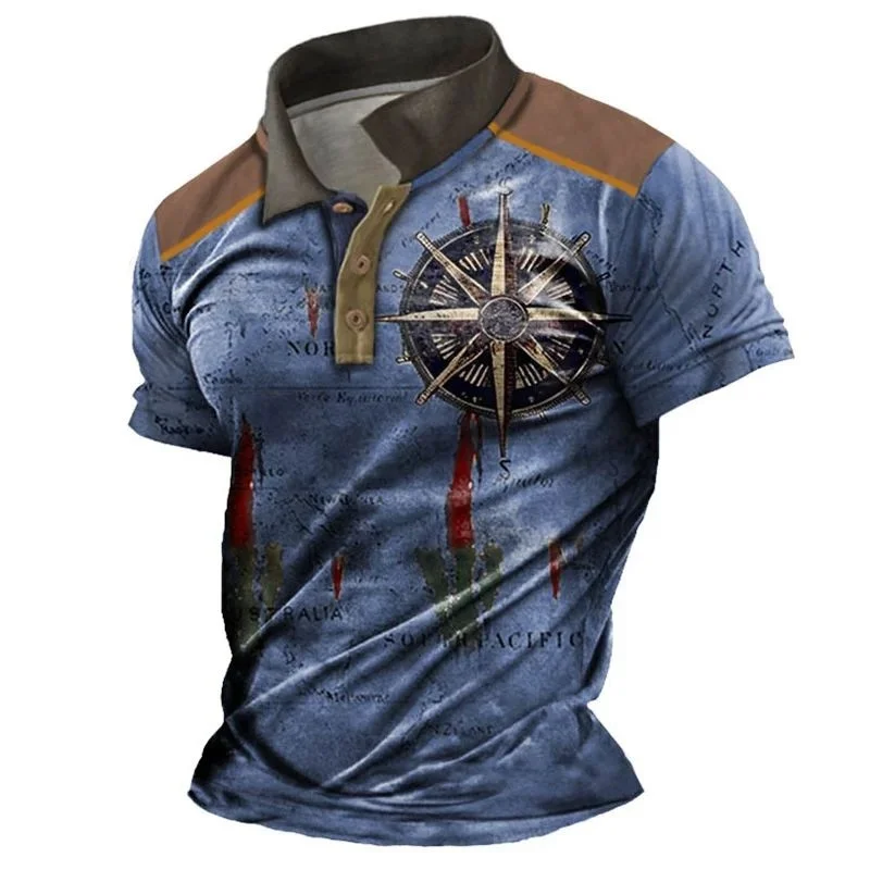 Vintage Men's 3D Print Compass Shirt Lapel Casual Male Fashion Mid-Year CleanFit Style Inner Wear Chinese Origin