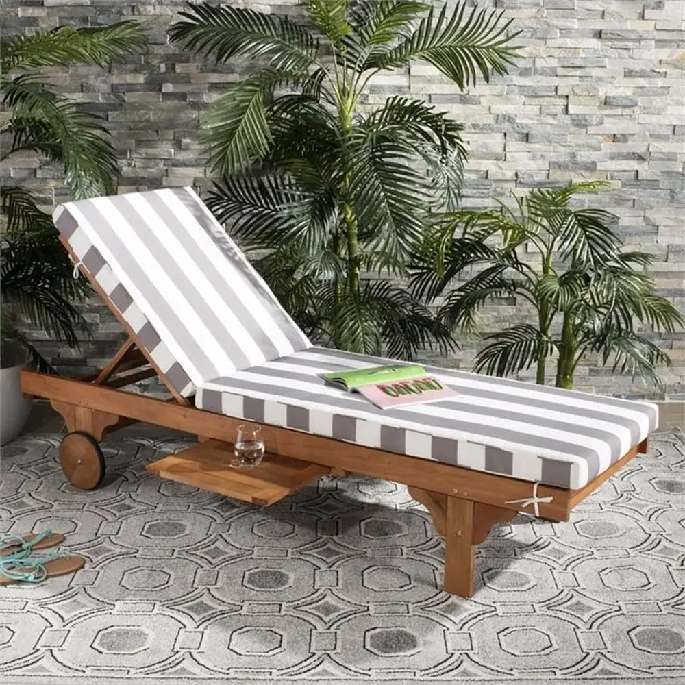 Outdoor Collection Newport Natural/ Grey & White Stripe Cushion Built-in Side Table Adjustable Chaise Lounge Chair