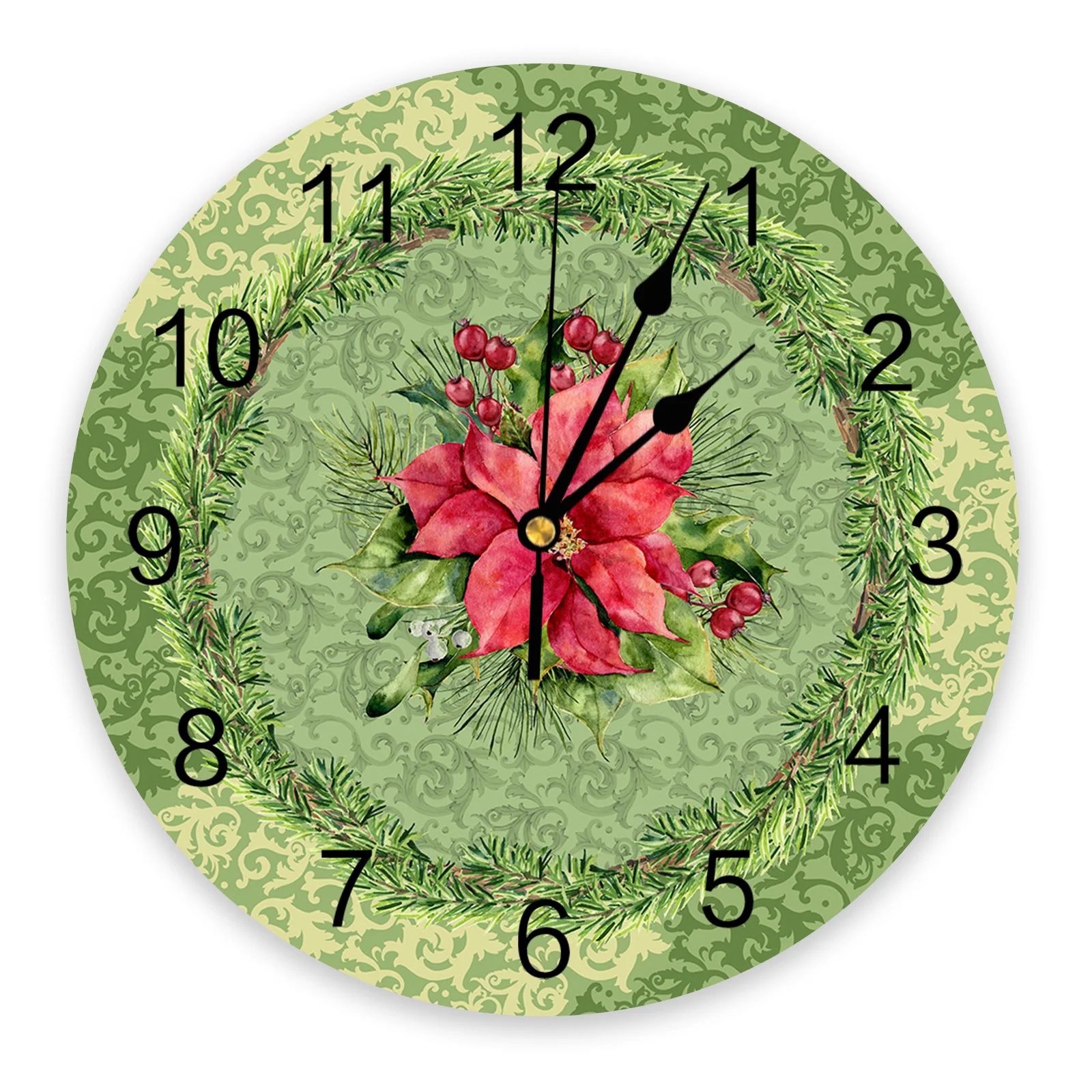 Winter Christmas Vintage Green Poinsettia Round Wall Clocks Desktop Digital Clock Non-ticking Creative Childrens Room Wall Watch