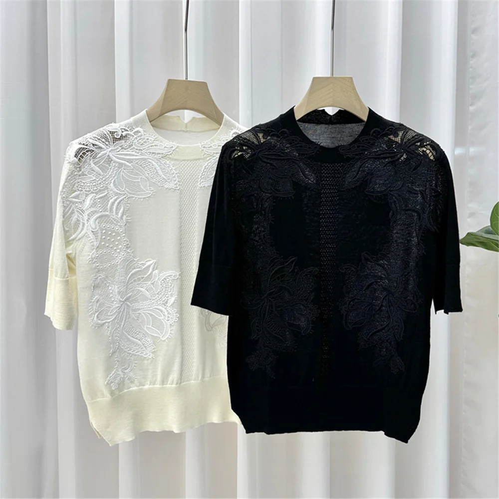 

Women'S O-neck Short Sleeve T-shirt Summer Three-dimensional Flower Embroidery Lace Hollow Knitted Sweater