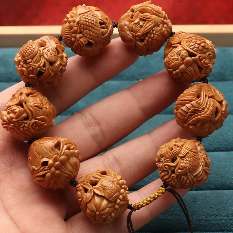 Thing One Picture Large Seeds Olive Nut ProsperousLeaf Carp Crafts Handmade Stone Carving Bracelet Hollow-out Finishe