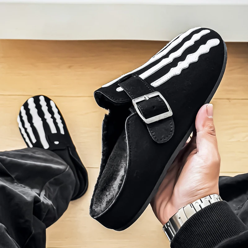 

Dark Style Home Slippers Plush Indoor Floor Anti Slip Men's Home Shoes Fuzzy Winter Warm Skeleton Cartoon Gothic Style