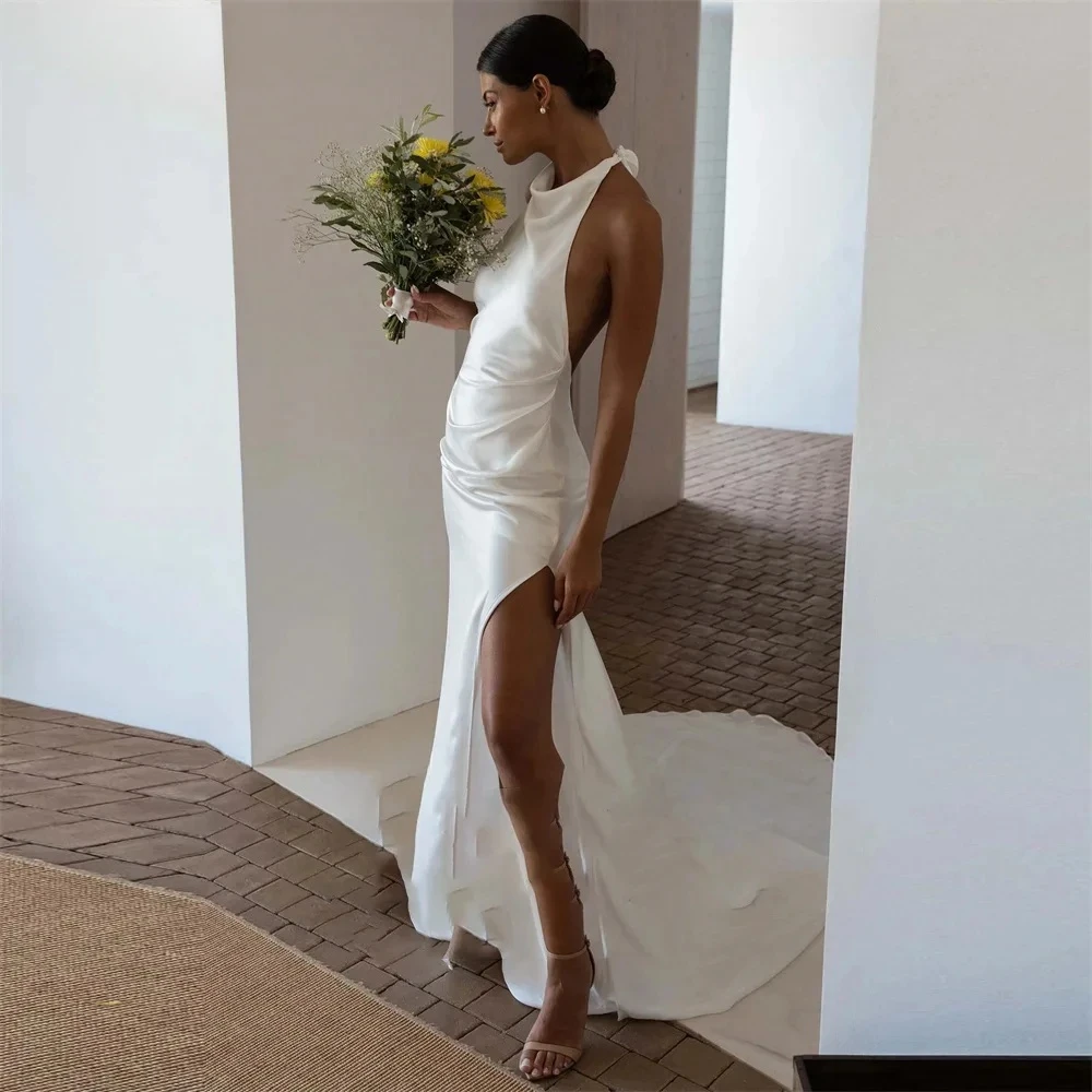 vestidos de novia Halter Mermaid Wedding Dresses Side Slit Sweap Train ridal Gown Sleeveless Stunning 2024 Customize To Measure