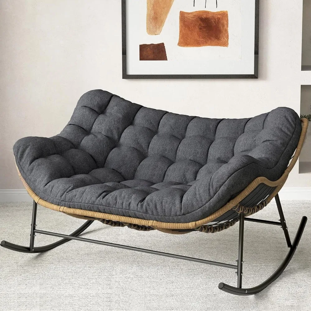 

Double Rocking Chair Outdoor, Oversized Papasan Rocking with Cushion, Indoor Loveseat for Patio Porch Living Room-Dark