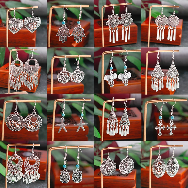 Ethnische Legierungs-Blumen-Quasten-Ohrringe für Frauen, Niedliche Elefanten- und Eulen-Hängeohrringe, Partygeschenke für Mädchen – Detail 1