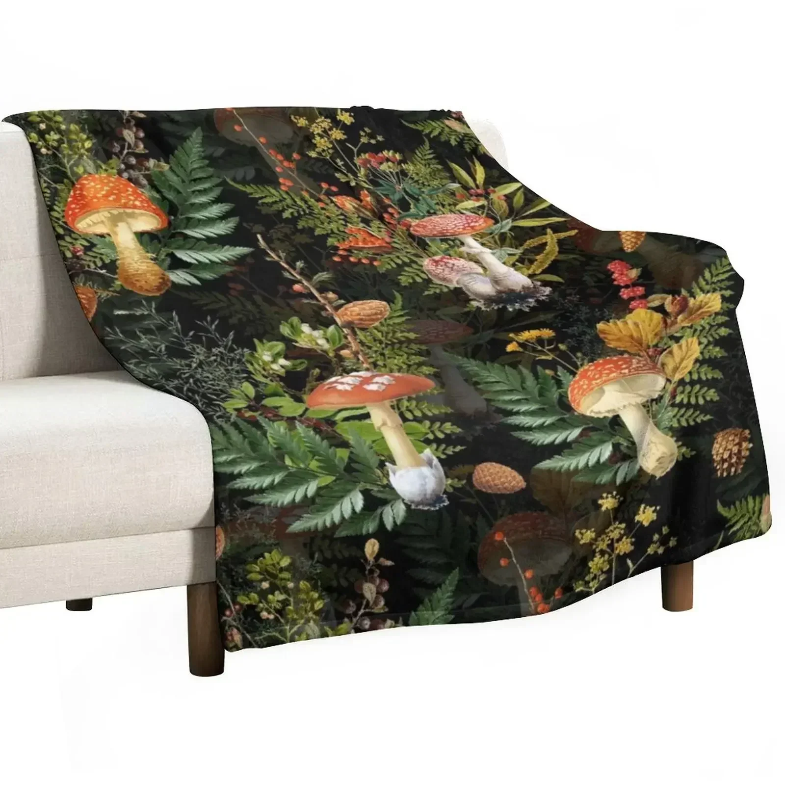 

vintage toadstools in the forest on black Throw Blanket manga Quilt Sleeping Bag Plaid on the sofa Blankets