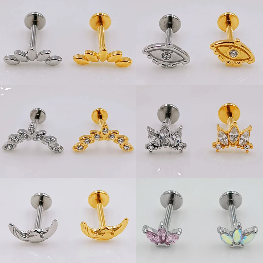 

Flower Labret Piercing Forward Helix Moon Face Earring Leaf Horse Eye 100% 316L Stainlesss Steel Internally Threaded Tragus Stud