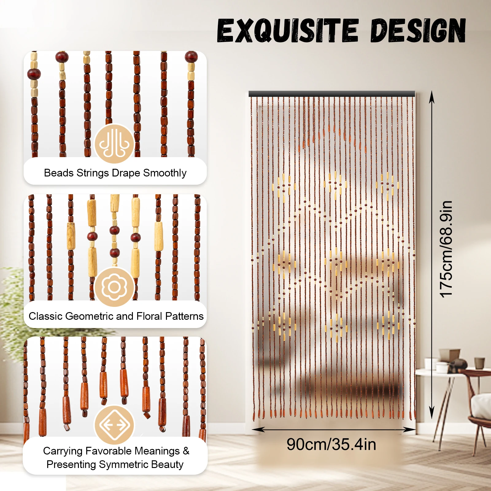ستارة خرز من الخيزران الخشبي الكلاسيكي الصيني (35.4 × 68.9 بوصة)، 32 خطًا ونمط البرقوق، مثالية لديكور باب/نافذة المنزل