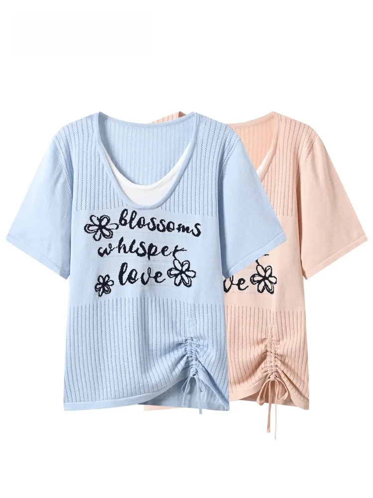 

Loose Women's Summer T-shirt Short Sleeve plus Size Korean Style V-neck Knitted Polyester Fiber Casual Versatile Fashionable