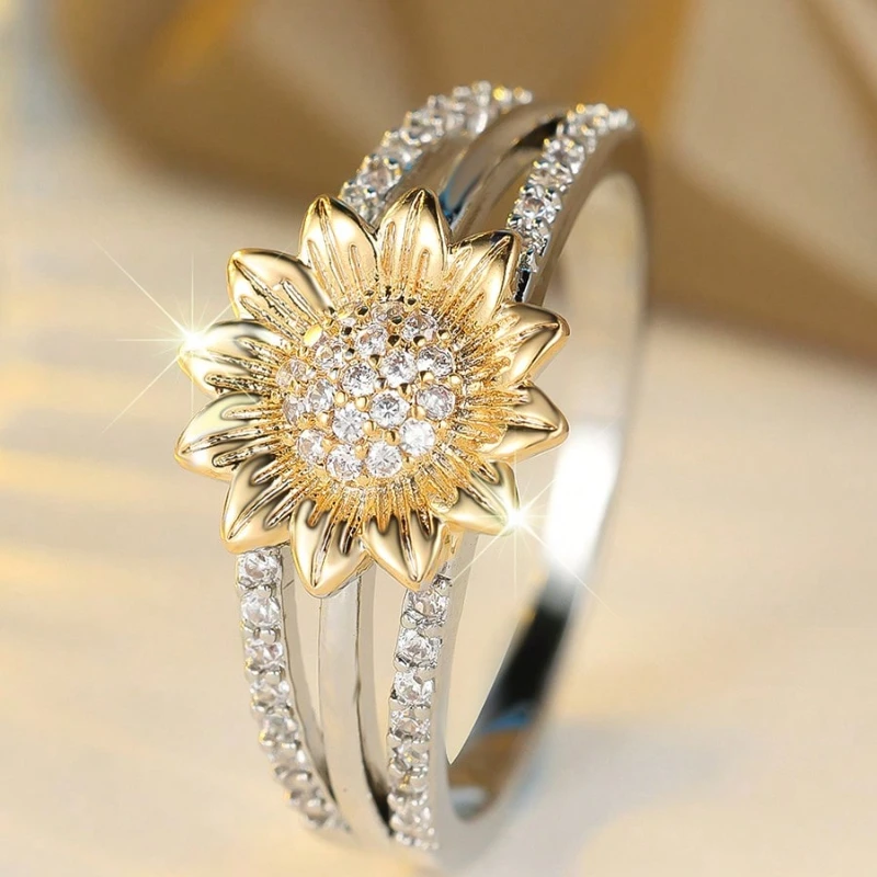 خاتم مرصع بالزركونيا المكعبة بتصميم عباد الشمس الأنيق، مناسب للحفلات والارتداء اليومي ومجوهرات الأزياء النسائية #3