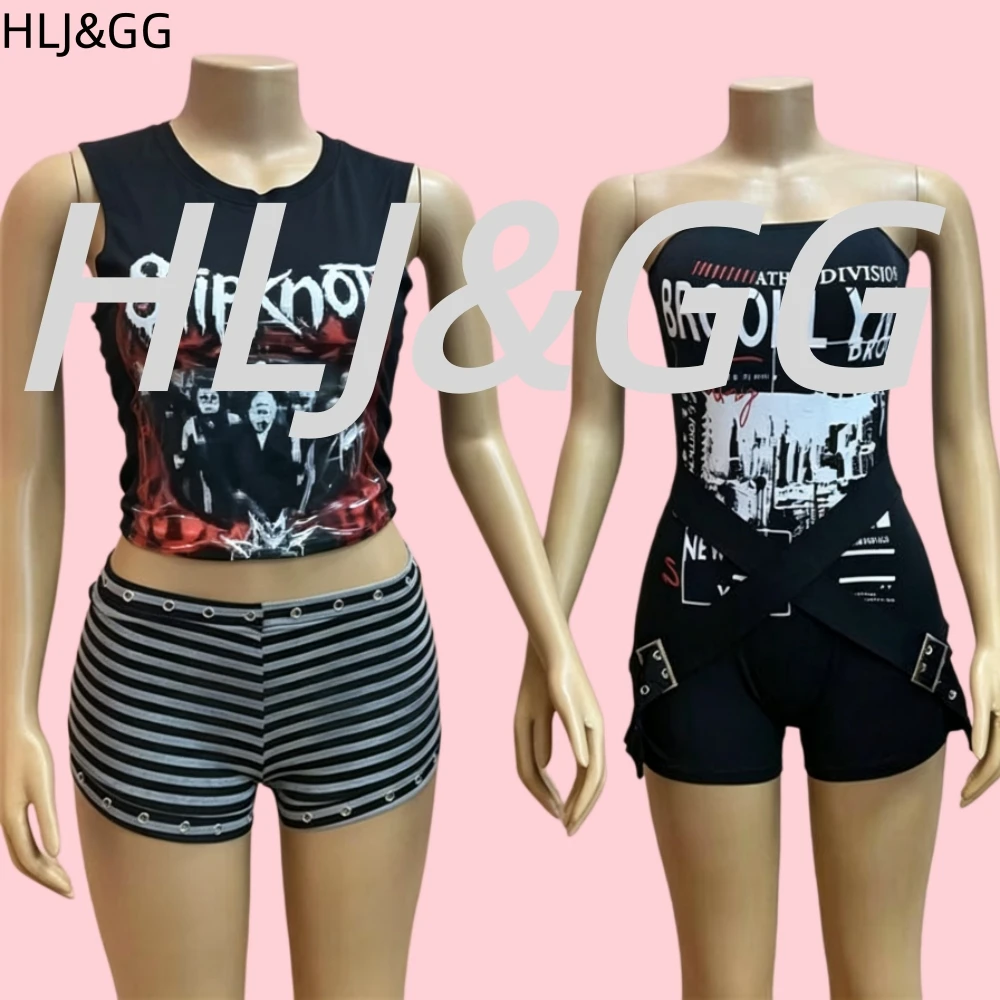 HLJ&GG Black Dark Punk Style Tshirts Two Piece Sets Women Round Neck Sleeveless Top And Stripe Shorts Outfits Fashion Streetwear