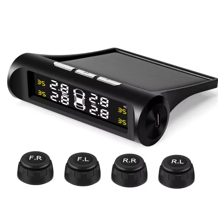 

Black Car TPMS Tire Pressure Monitoring System Solar Charging HD Digital LCD Display Auto Alarms Wireless External Sensors TPMS