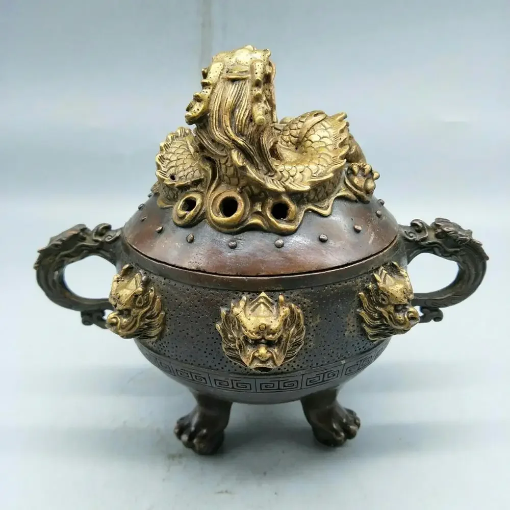 Exquisite antique bronze ware Jiulong tripod incense burner home decoration