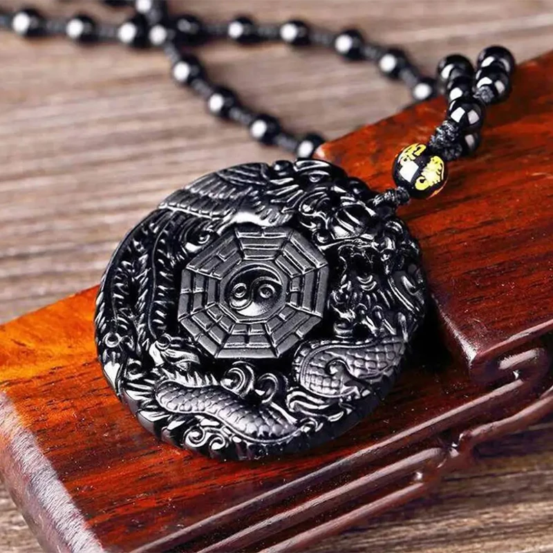 Natural Black Obsidian Hand Carved Chinese Dragon Phoenix Bird Amulet BaGua Necklace For Women Men Luck Mascot Amulet Pendant