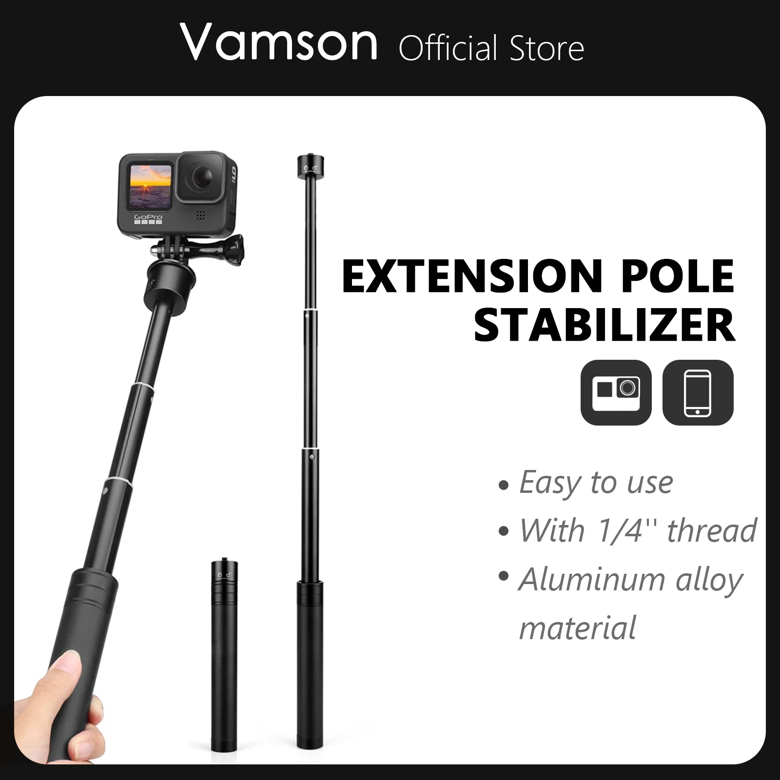 Vamson สำหรับ FeiYu Zhiyun DJI OSMO Gopro 10 9มือถือปรับเสาขาตั้งกล้อง Selfie Stick Stabilizer อุปกรณ์เสริม