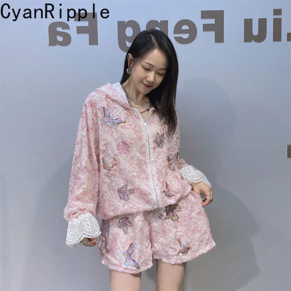 

2026 New Summer Women Two-piece Set Hot Diamonds Butterfly Hooded Zip Cardigans Top + Jacquard Elastic Waist Wide Leg Shorts