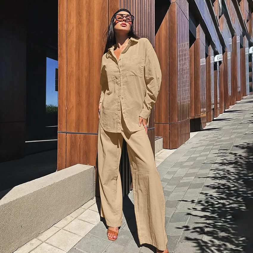 

Casual Khaki Cotton and Linen Suit 2026 Spring and Autumn Shirt Wide-leg Pants Two-piece Set Street Style