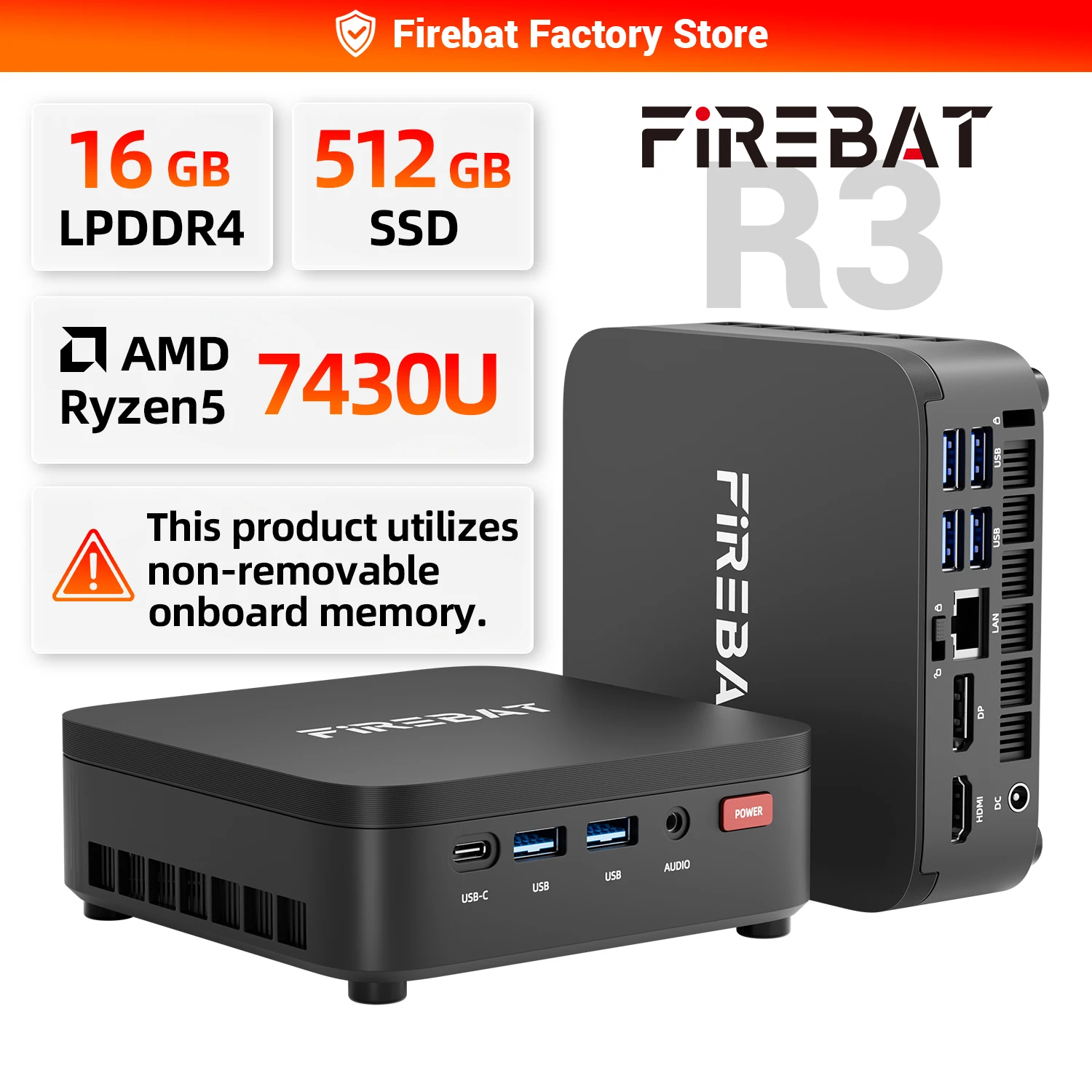FIREBAT R3 MINI PC AMD Ryzen 5 7430U 6C/12T MAX 4.3GHz 16GB LPDDR4 RAM 512GB SSD WIFI6 BT5.2 Windows 11 Desktop Computer