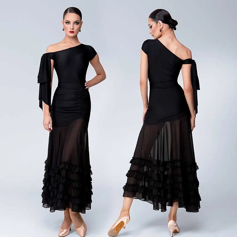 

Ballroom Dance Costume Black Standard Modern Dance Dress Waltz Tango Performance Clothing Lycra Bodysuit Practice Long Skirt 898