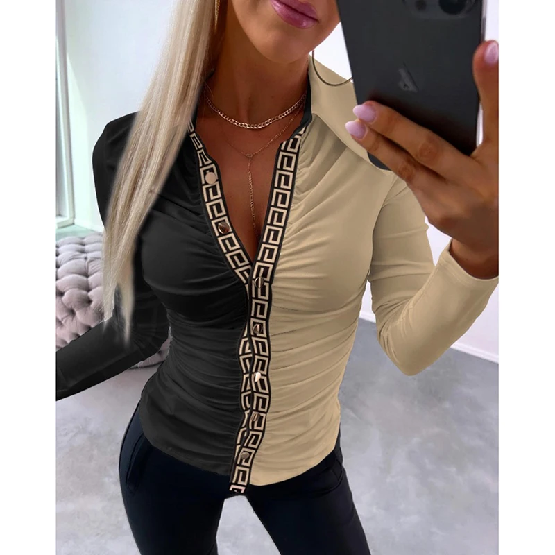 Women Fashion Long Sleeve Blouse Letter Print Office Shirts For Women Casual Turn Down Collar Button Tops