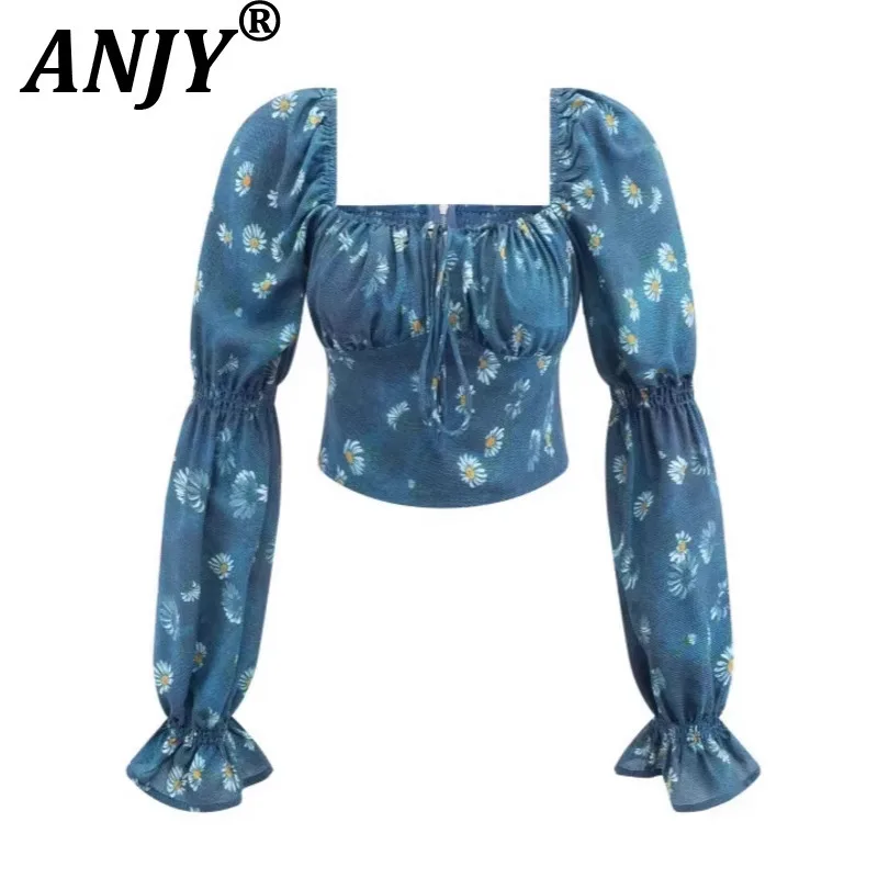 

ANJY 2026 Весна-Лето Новинка: Женский элегантный приталенный топ с принтом в стиле французской моды, шикарный, с квадратным вырезом, длинным рукавом, универсальный A19192