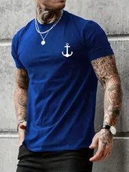 Men's Summer Casual Loose Size 100% Cotton Anchor pattern Print Round Neck Short Sleeve T-shirt Top