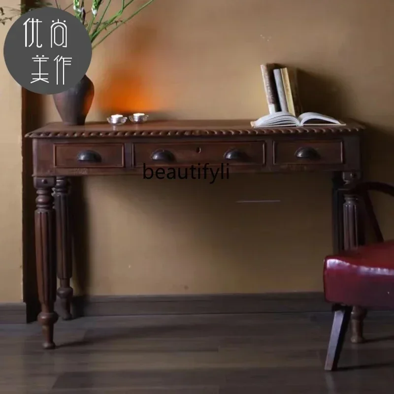 

TTT American solid wood retro writing table modern simple home, chest of drawers bedroom home light luxury