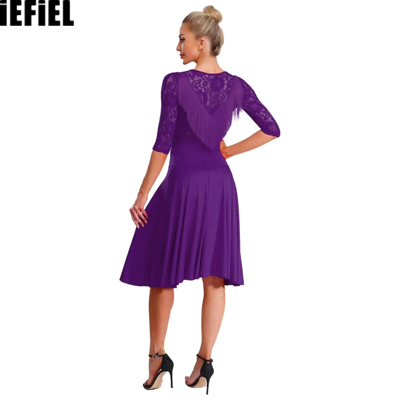 

Womens Floral Lace Dance Dress with Safety Shorts Sheer Flowy Tassel 3/4 Sleeve Swing Dress for Samba Tango Latin