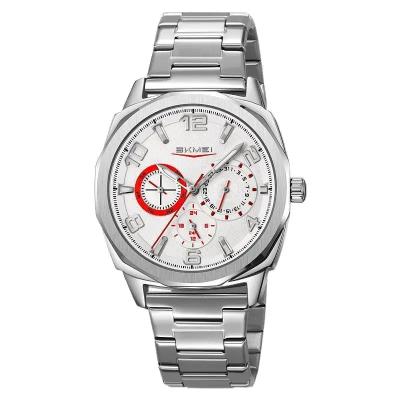 SkmeiFashion رجال الأعمال ووتش التقويم ستة دبوس مؤشر كوارتز ساعة رياضية للماء مضيئة حزام الصلب ساعة المعصم