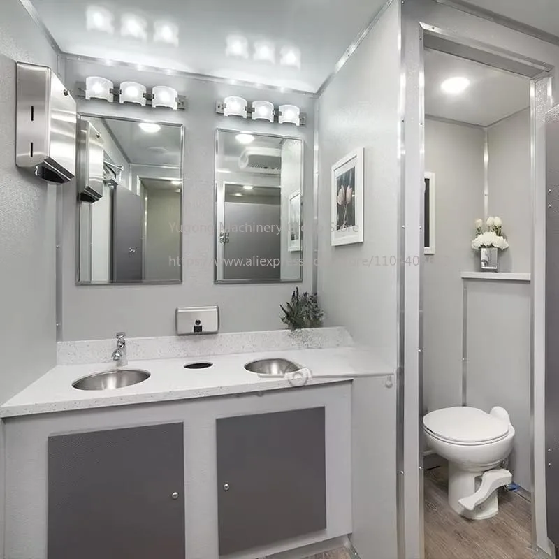 Trailer de Banheiro Móvel para Eventos ao Ar Livre, Trailer Sanitário Premium com Tanques de Água Limpa e Esgoto Completos