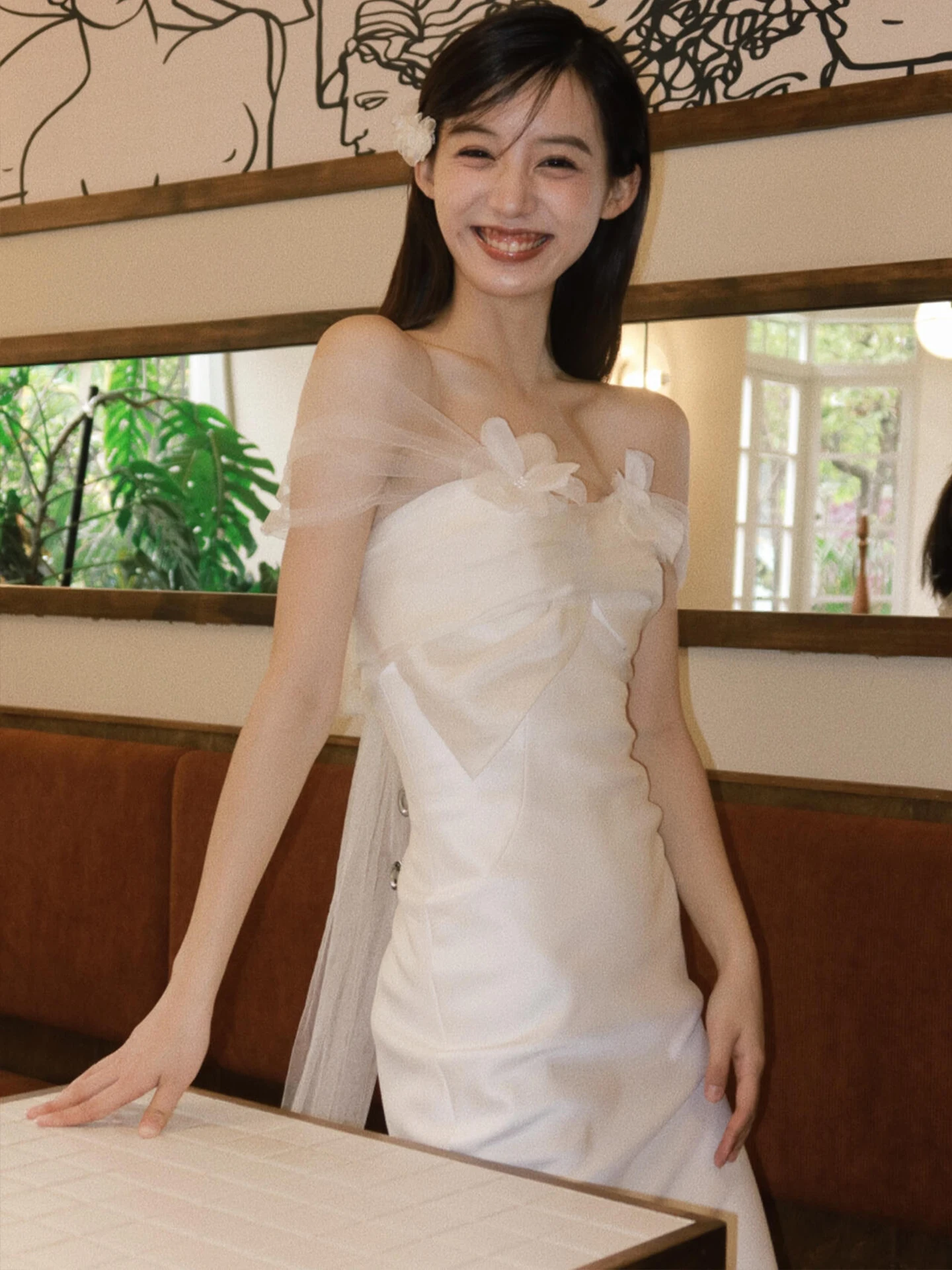 

Ele Satin Wedding Dr One oulder Tailored for Bridal Par Outfits White Gown with Handmade Flowers High Waist