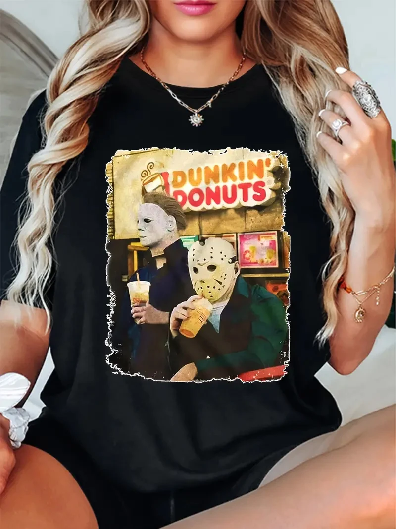 Horror movie characters pearl milk tea printed round neck T-shirt, women's short sleeved T-shirt, sports daily top spring/summer