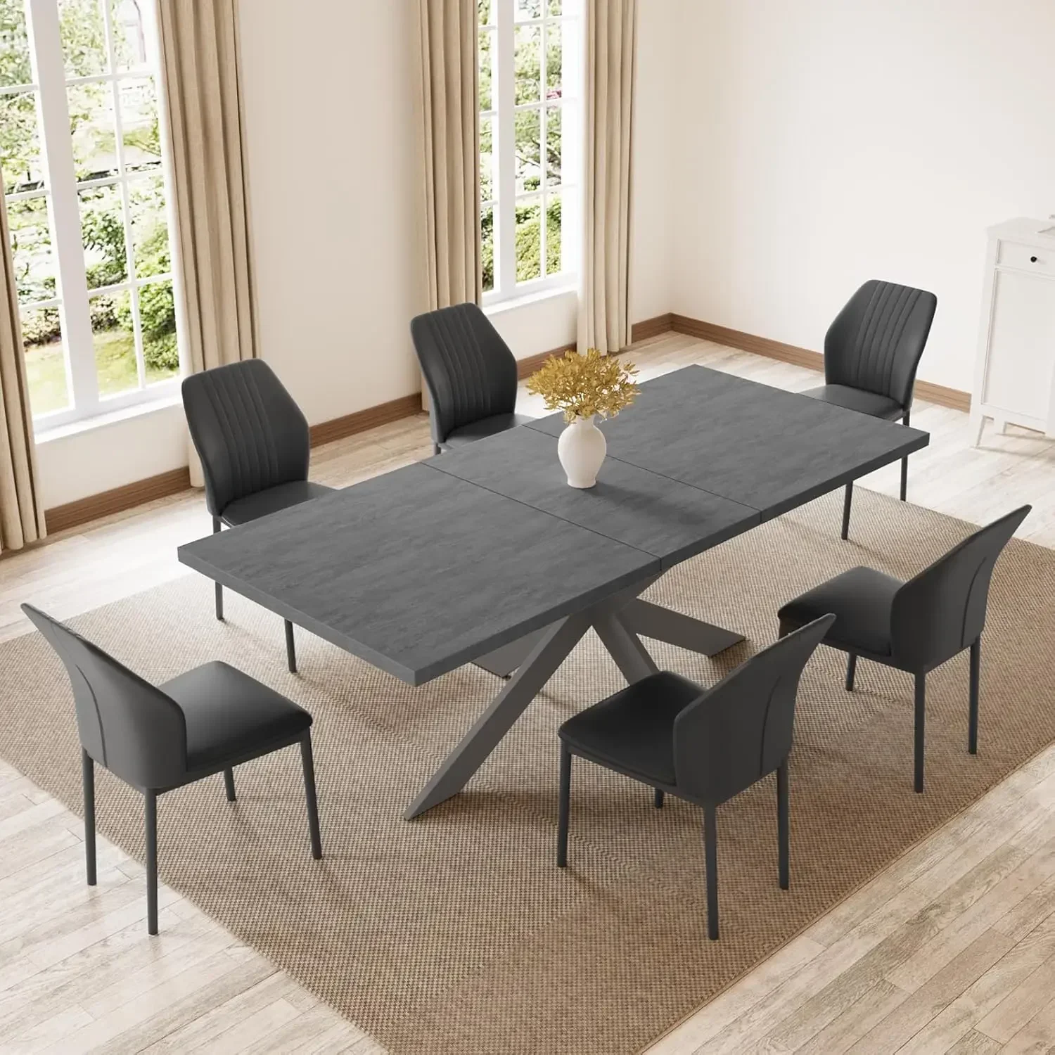 Dining Table Set for 6, Modern 78'' Dark Wood Dining Table and Fabric Dining Chairs Set of 6,Table and Chairs Set of 6,