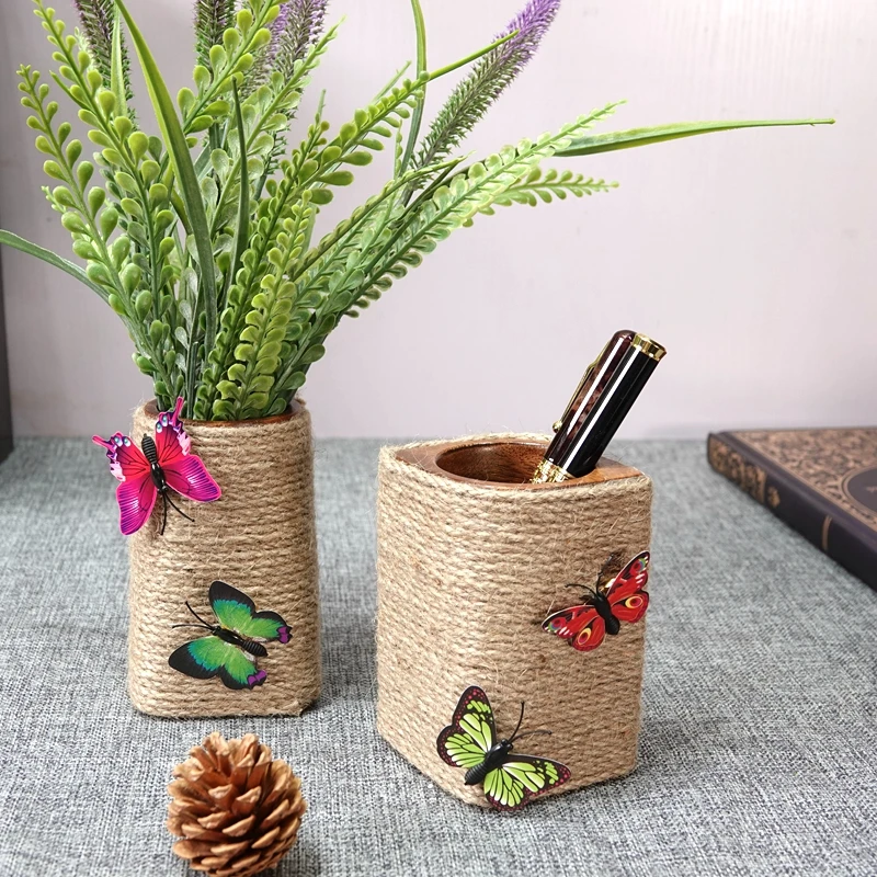 Hand-made hemp rope whole wood walnut fall-resistant wooden pencil holder modern simple log office desktop stationery collection