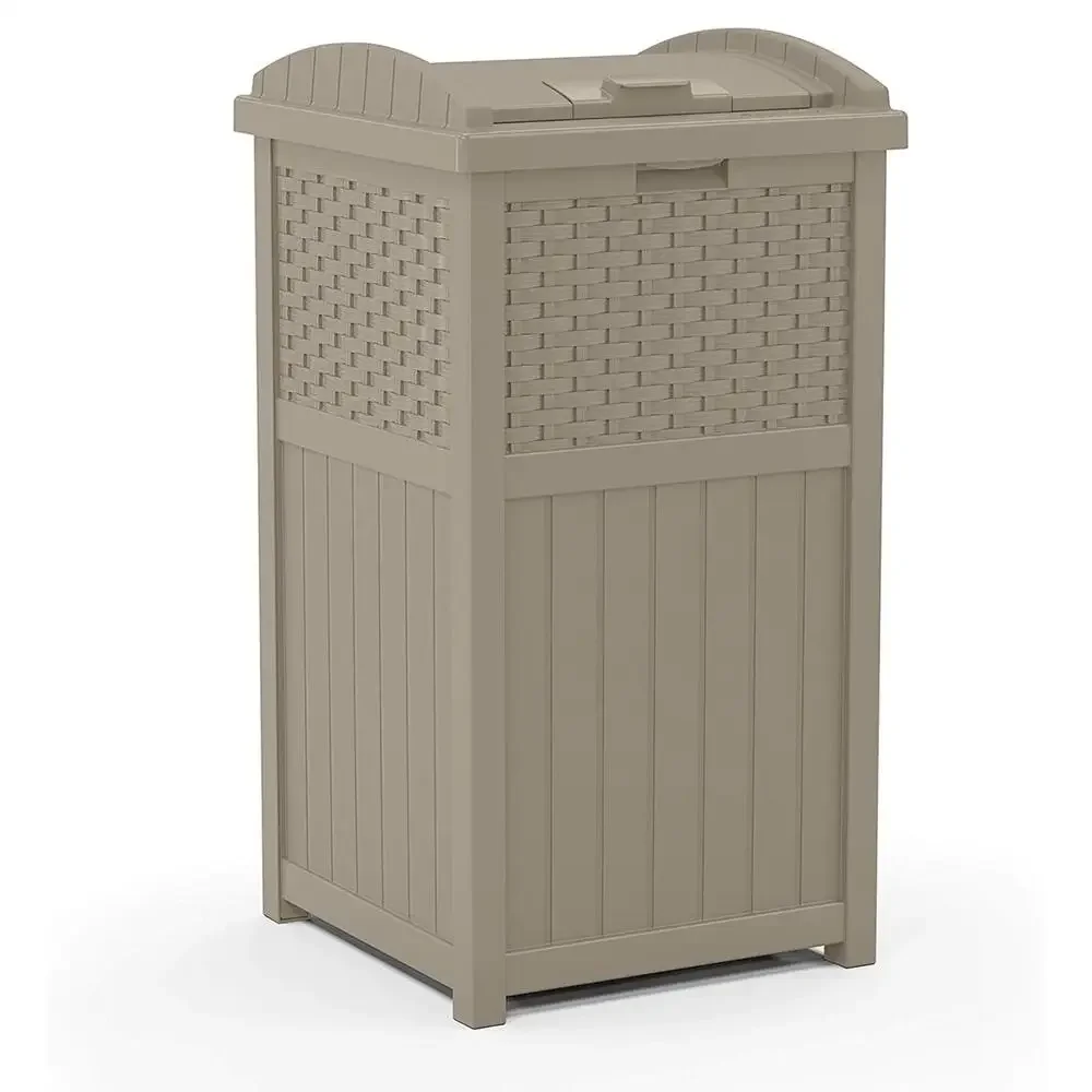 Resin Wicker Trash Hideaway Patio Yard Dark Taupe 33 gal Latching Lid Weather-Resistant Modern Design Compact Size 17