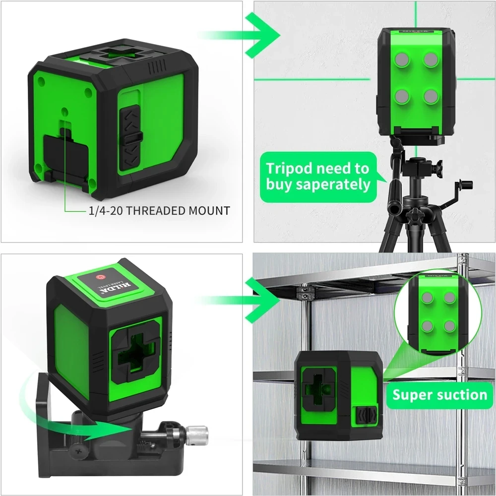 HILDA 2-liniowa poziomica laserowa Zielona wiązka Samopoziomujący tył z magnesem Pozioma pionowa linia krzyżowa