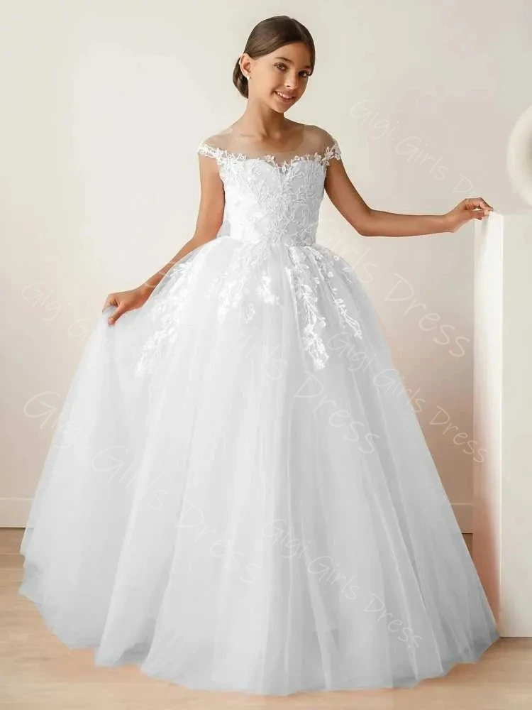 Vestido de fiesta personalizado para niñas, vestido de niña de flores con apliques de encaje blanco y lazo sin mangas, vestido de primera comunión para cumpleaños y boda