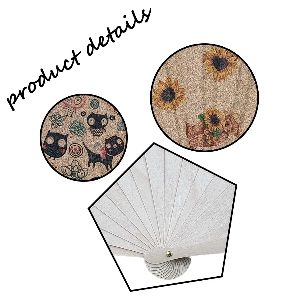 10 Pack Cork Fabric Wooden Hand Fan, 2 Pattern Wooden Fans, Vintage Cat Bear Printed Hand Fans for Summer, Each Pattern 5 Pcs
