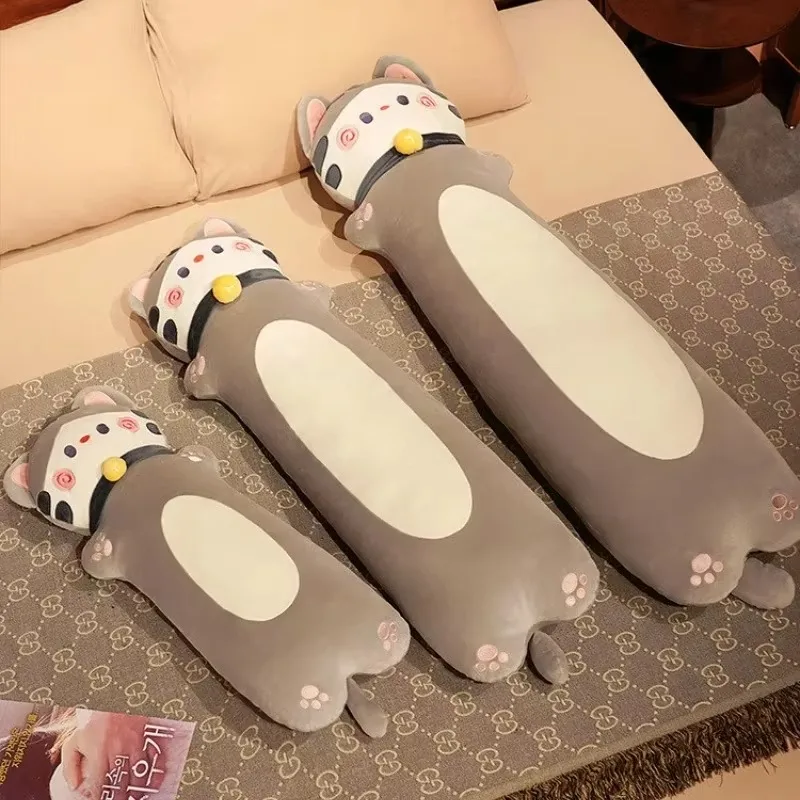 Almohada de cuerpo de felpa de gato largo, cojín para dormir de gato de dibujos animados Kawaii, bonito sofá, dormitorio, almohada decorativa para el cuerpo, decoración de muñeco de peluche