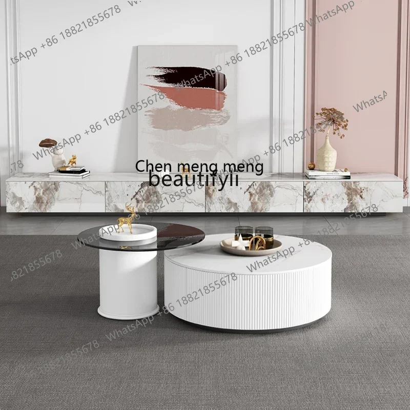 Xz1Cream نمط لوحة حجرية تلفزيون خزانة غرفة المعيشة الحديثة بسيطة شقة صغيرة خزانة أرضية طاولة القهوة مزيج التخزين #4