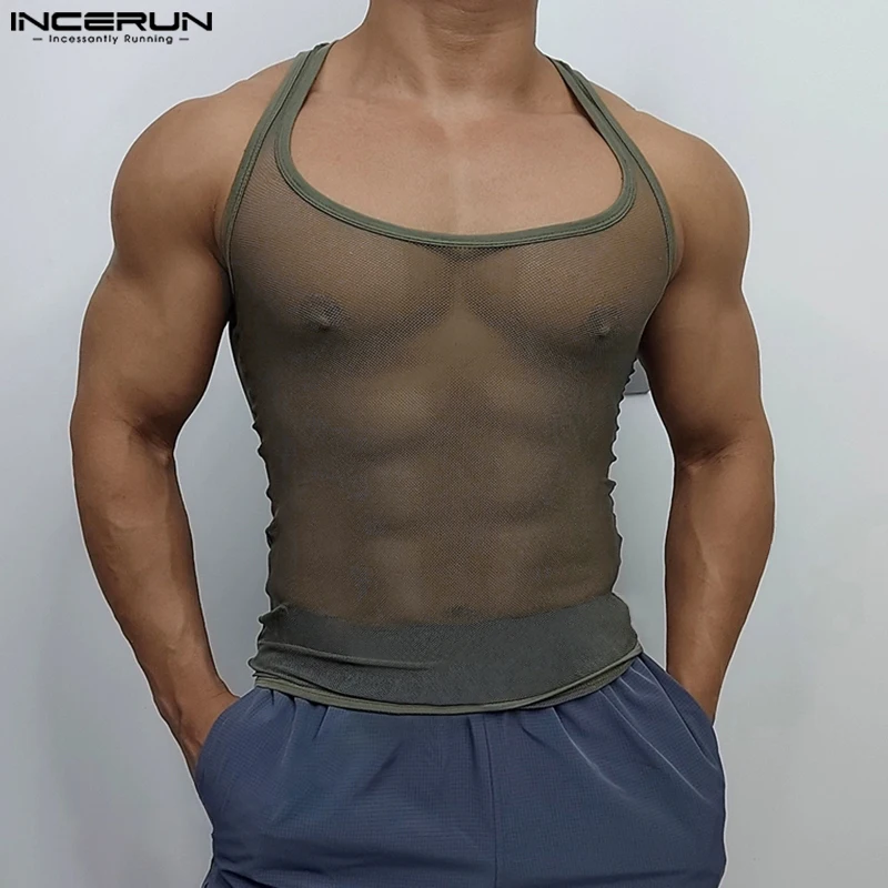 INCERUN Herren Mesh-Tanktops Lässige Einfarbige U-Ausschnitt Männer Sexy Westen Sommer Ärmellose Tops Attraktive Durchsichtige Herrenbekleidung – Detail 6